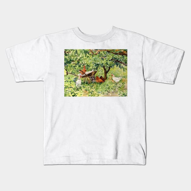 chickens beneath my nectarine tree Kids T-Shirt by margaretmerry